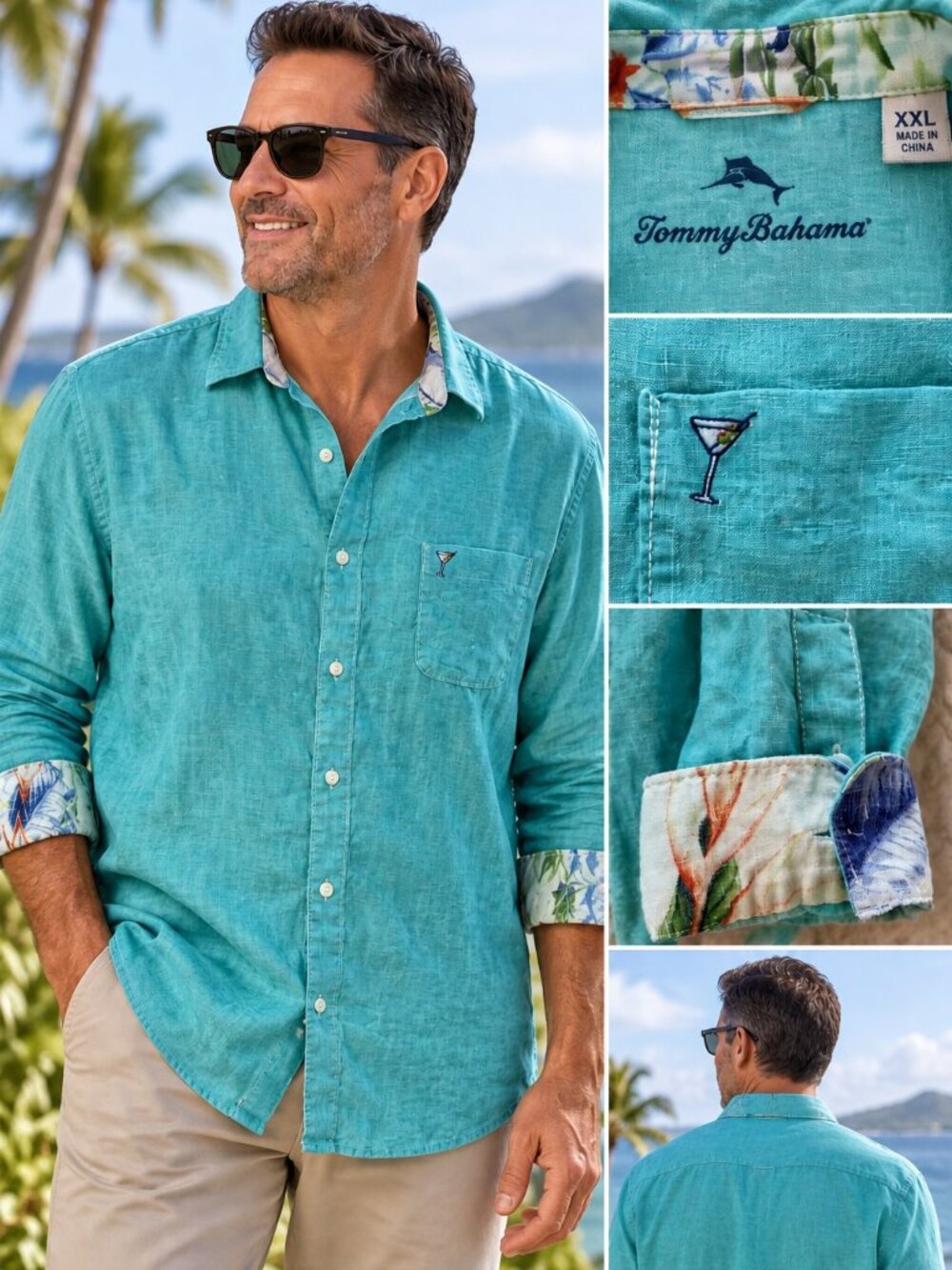 Tommy Bahama Mens XXL Teal 100% Linen Shirt Long Sleeve Button Up Coastal